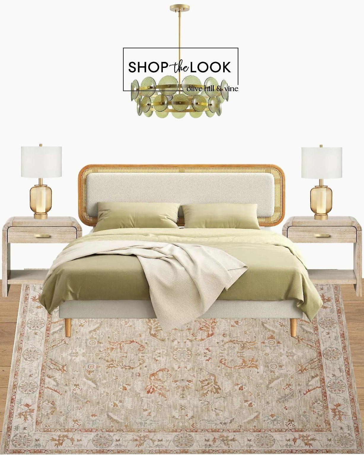 This bedroom is the perfect mix of boho charm and glam touches. The boucle-upholstered bed framed in airy rattan steals the show, while curved nightstands add soft edges. A sage and ivory Persian-style rug, champagne glass table lamps, and a green glass chandelier complete the look.  

 

#LTKHome #LTKStyleTip #LTKFamily