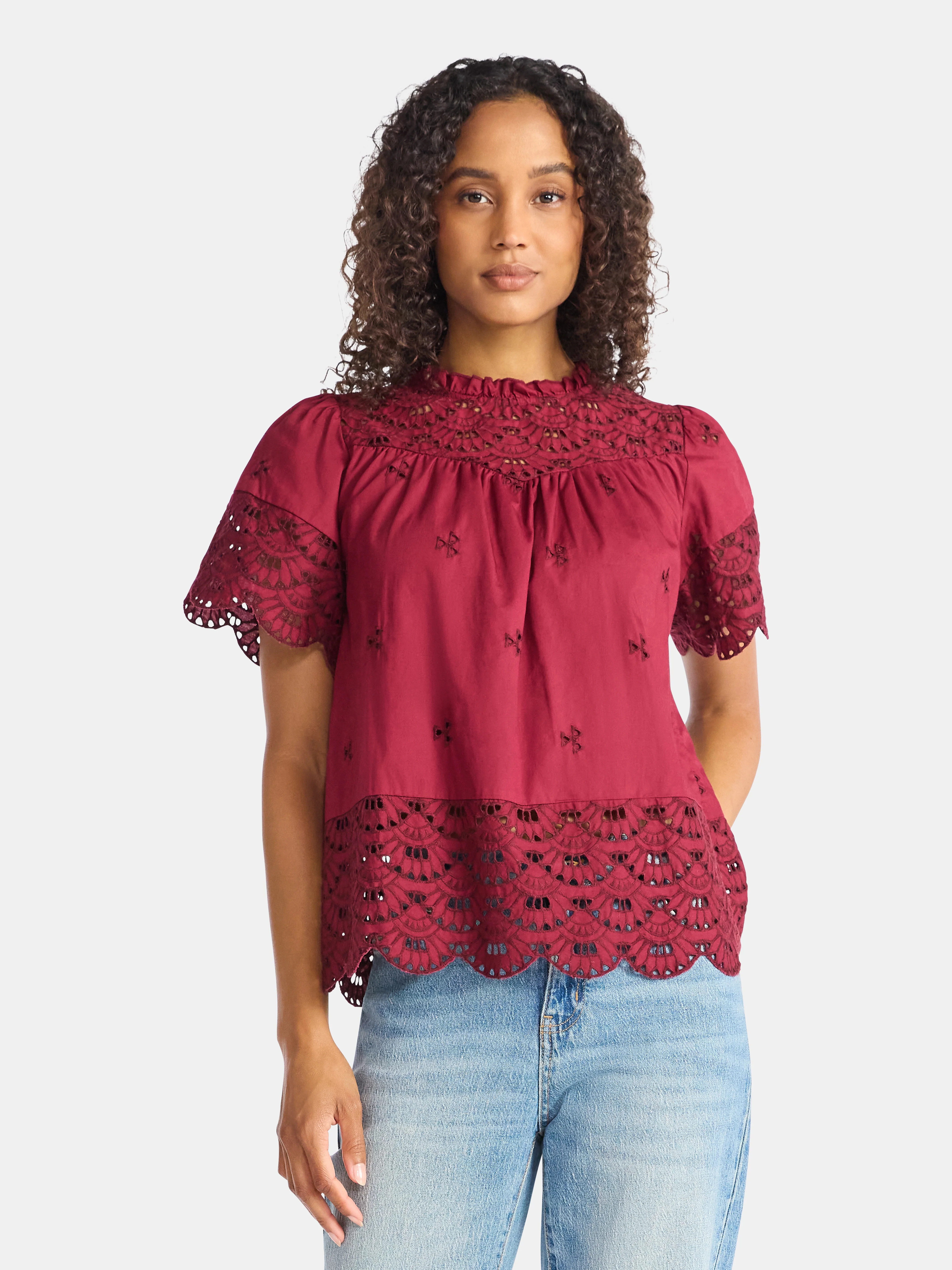 Time and Tru Women's Cotton Eyelet Top with Short Sleeves, Sizes XS-XXXL | Walmart (US)
