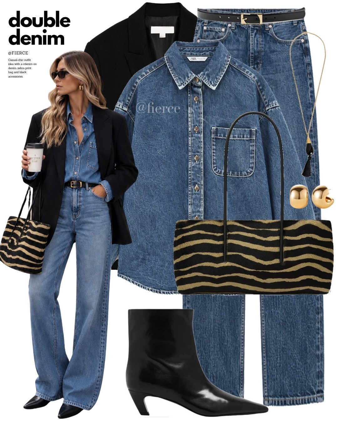 Double denim Canadian tuxedo zebra print bag black ankle boots

#LTKeurope #LTKautumn #LTKuk