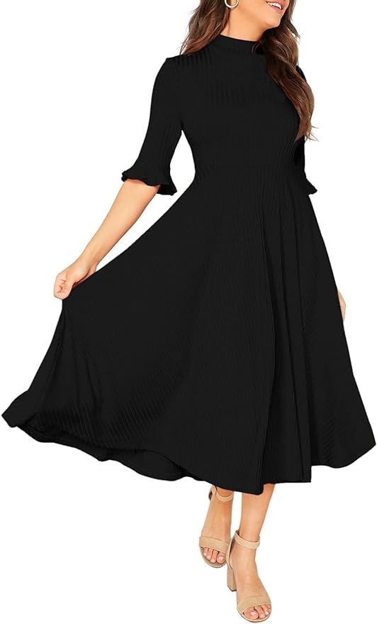 Verdusa Women's Elegant Ribbed Knit Bell Sleeve Fit and Flare Midi Dress | Amazon (US)