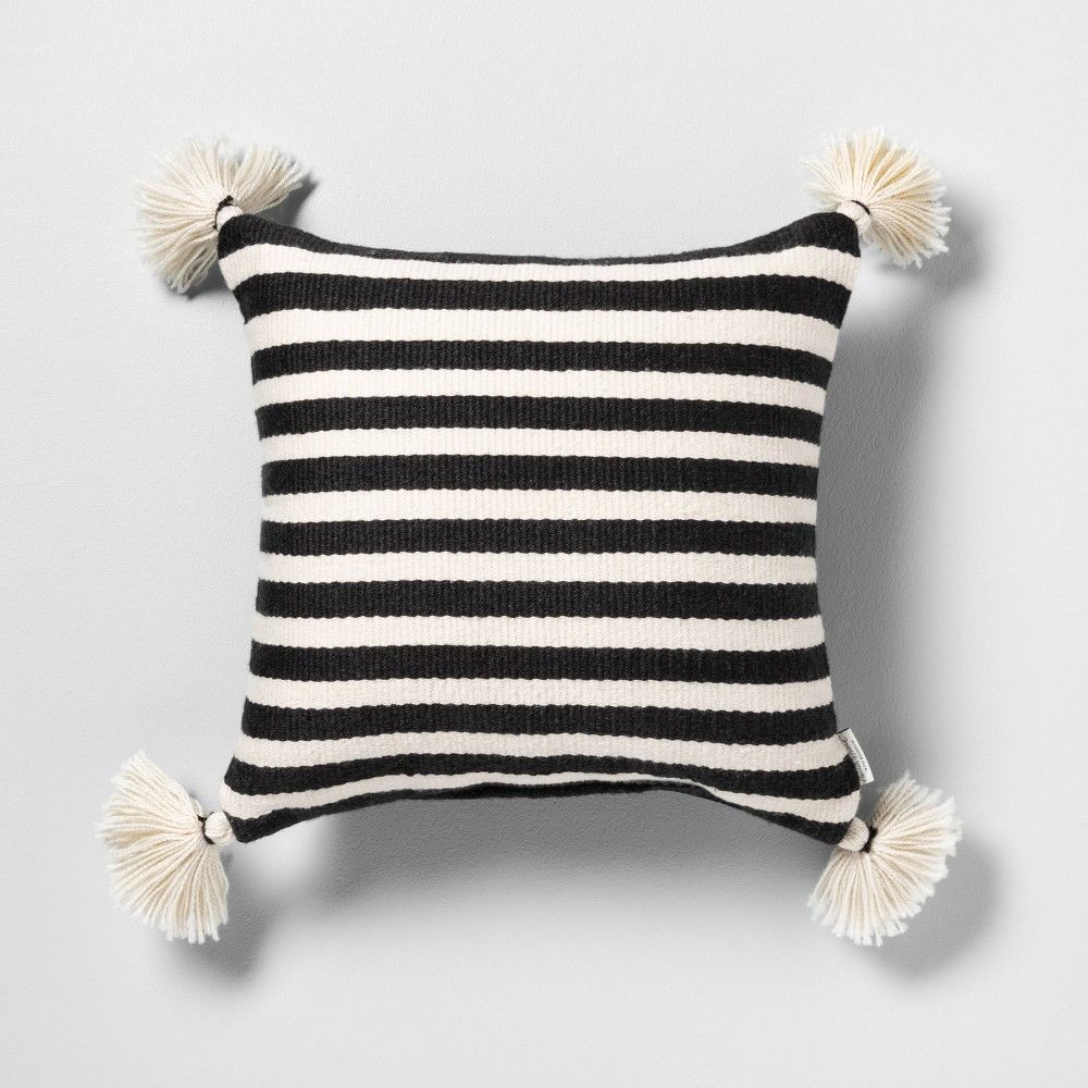 Outdoor Toss Pillow Black / White Stripe with Tassels - Hearth & Hand with Magnolia | Target