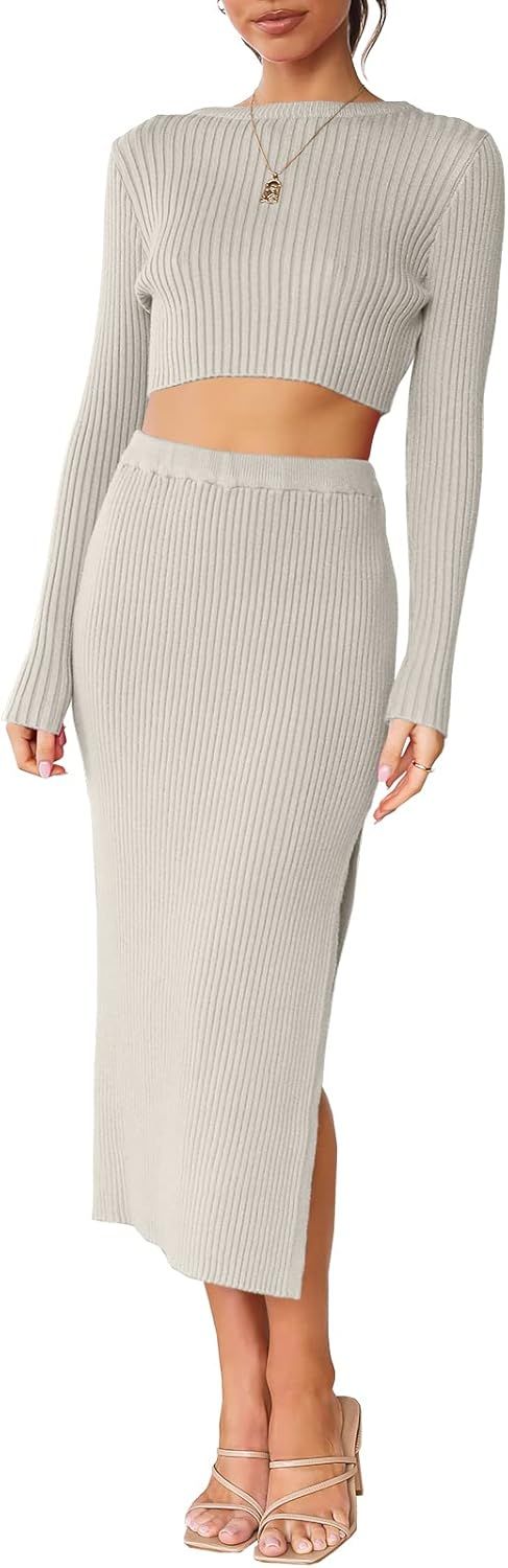 ANRABESS Women's 2 Piece Outfits Dress Long Sleeve Crop Sweater Top & Ribbed Midi Bodycon Skirt S... | Amazon (US)
