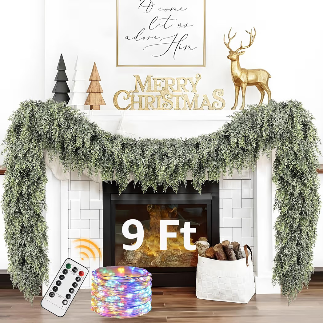 Cedar Christmas Garland with Lights for Mantle - Decorations 9ft Realistic Lighted Faux Pine Garl... | Amazon (US)