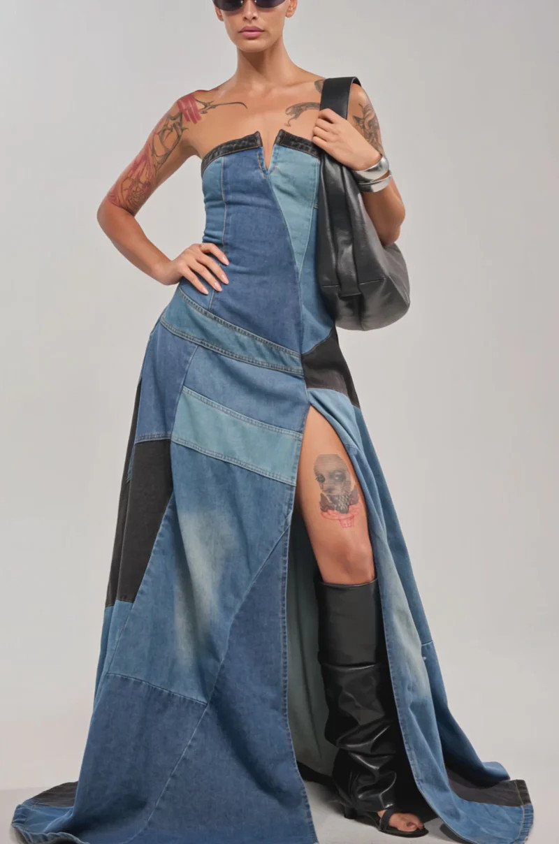 LIFE IN DENIM STRAPLESS MAXI DRESS | AKIRA