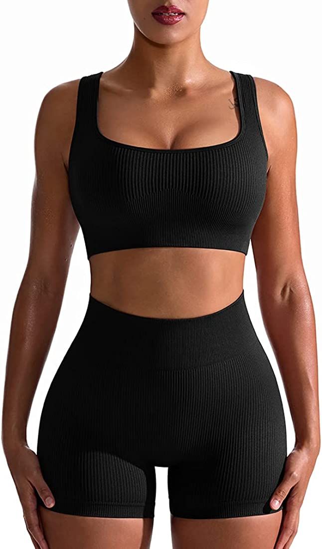 OQQ Workout Outfits for Women 2 Piece Seamless Ribbed High Waist Leggings with Sports Bra Exercis... | Amazon (US)