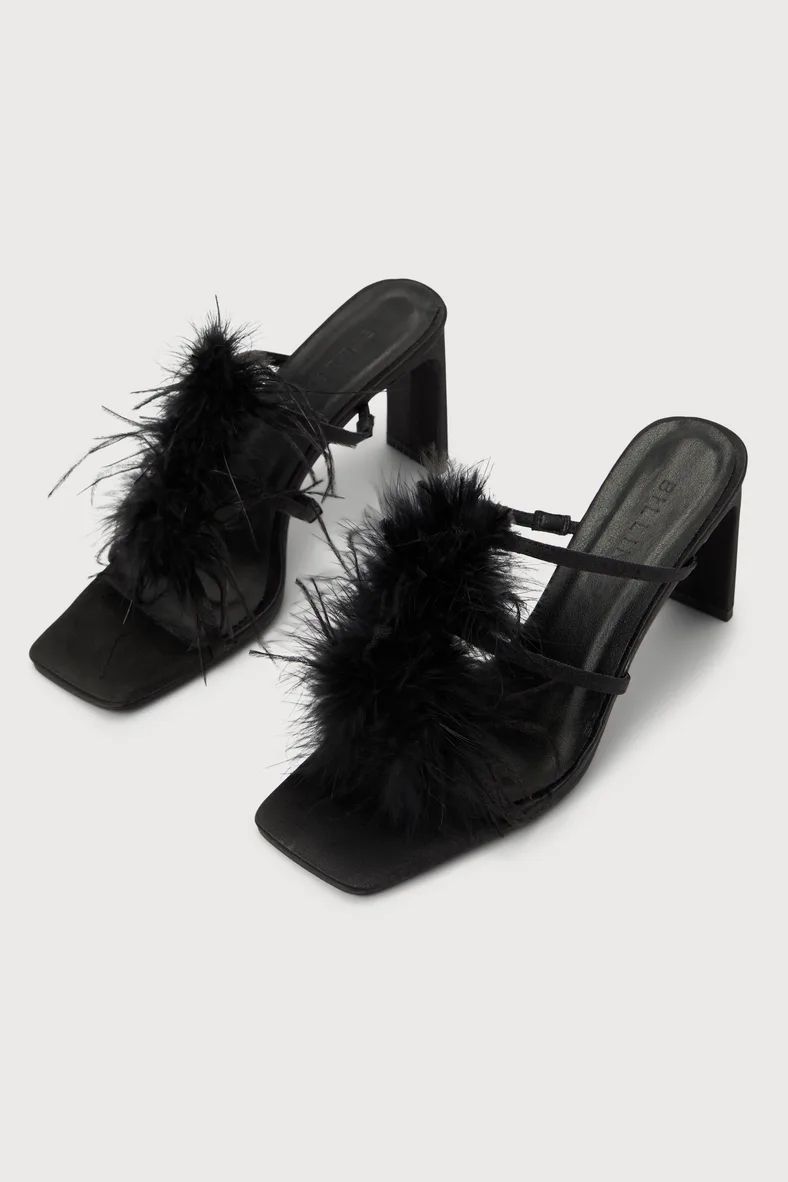Kayden Black Satin Feather Slide-On High Heel Sandals | Lulus