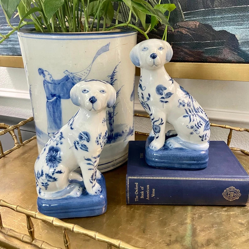 Pair of  Staffordshire Style Blue and White Mantel Dogs | Etsy (US)