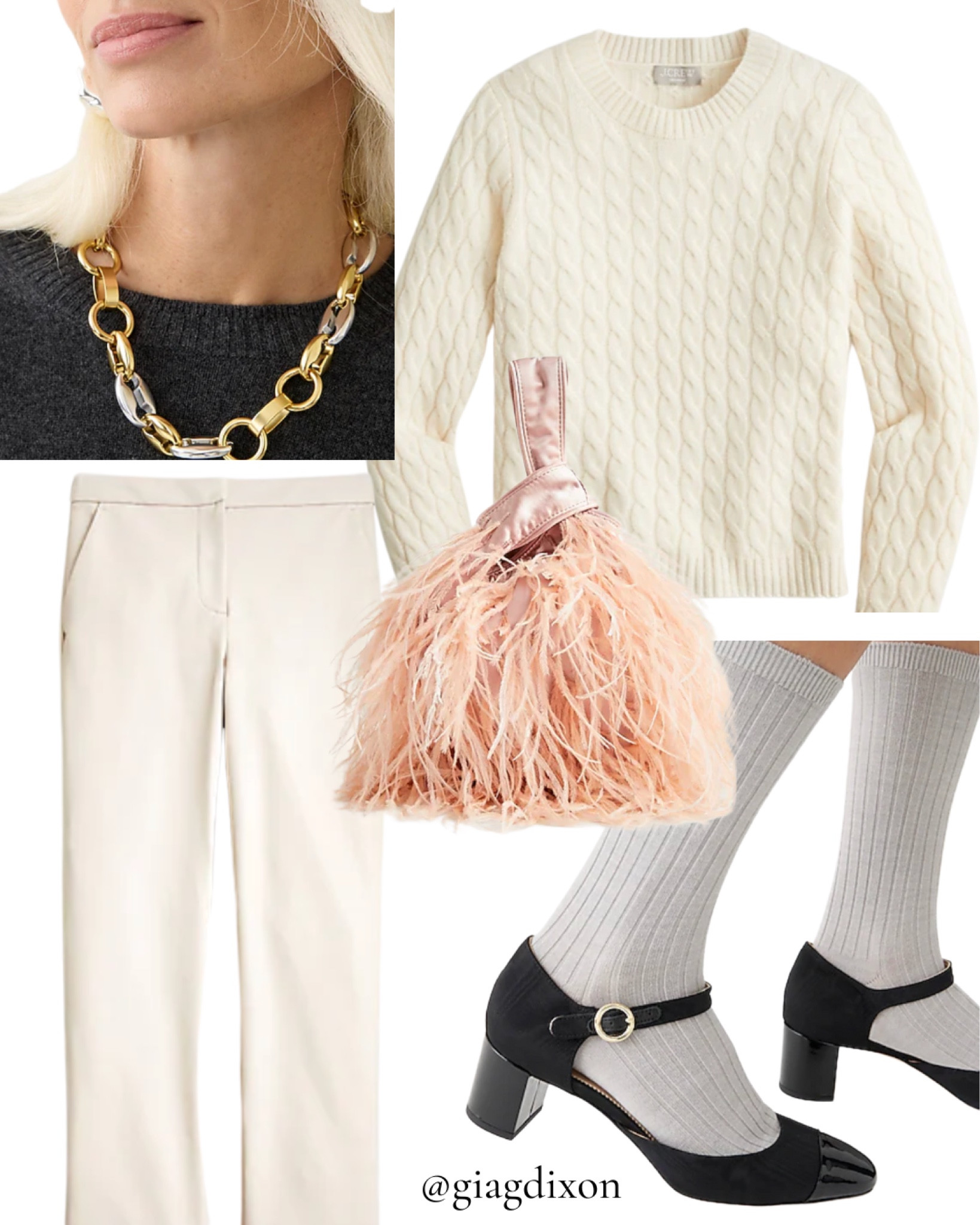 I like to call this ensemble Chanel style without the price tag. Here is a more whimsical #JCrew version of #classic dressing in #cap #toe #mary #janes, a #cable #knit #crewneck #sweater, my favourite #white #trousers, and #chain #link #necklace. 

A #feather #bag in #tote design is perfect for fitting all of your things on the go. This is my everyday wear and outfit formula I like to stick to. 

You can check out my #uniform on giagdixon.com!


#LTKHoliday #LTKCyberweek #LTKSeasonal