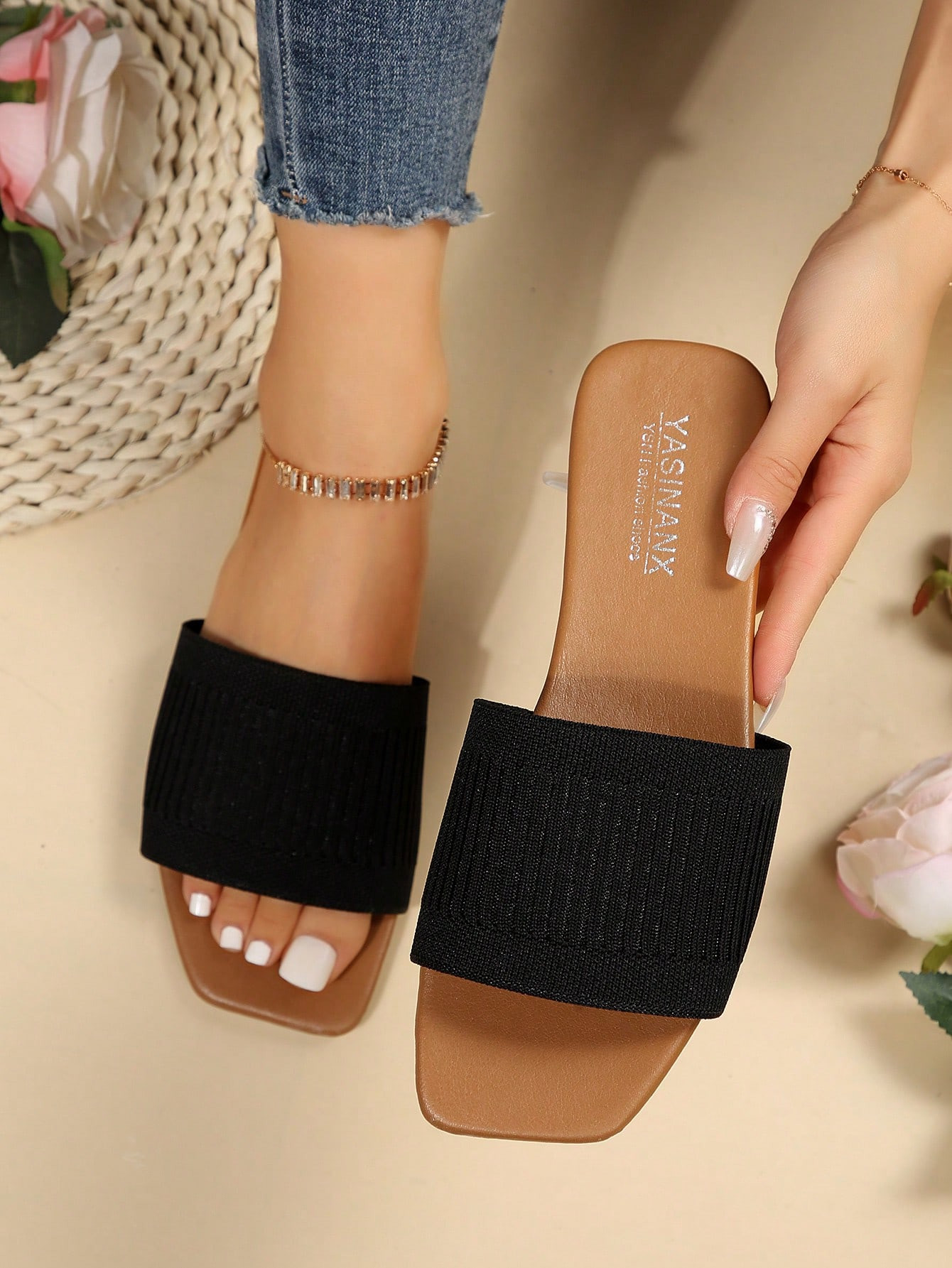 Elegant Black Sandals For Women, Minimalist Single Band Slide Sandals | SHEIN