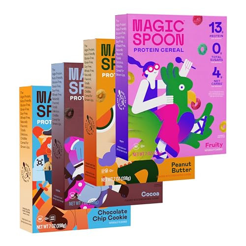 Magic Spoon Cereal - High Protein Cereals - Sugar Free Snacks & Breakfast Food - Grain & Gluten Free Cereal - Low Carb & Keto Friendly - 4 Pack Variety: Fruity, Cocoa, Chocolate Chip, Peanut Butter | Amazon (US)