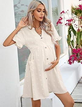 KOJOOIN Maternity Swiss Dot Dress Summer V Neck Short Sleeve Button Down Mini Dress Baby Shower P... | Amazon (US)