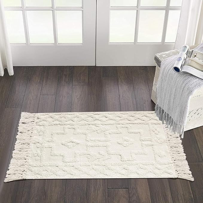 Uphome Boho Bathroom Rug 2' x 3', Washable Small Farmhouse Bedroom Rugs with Tassels, Beige Geome... | Amazon (US)