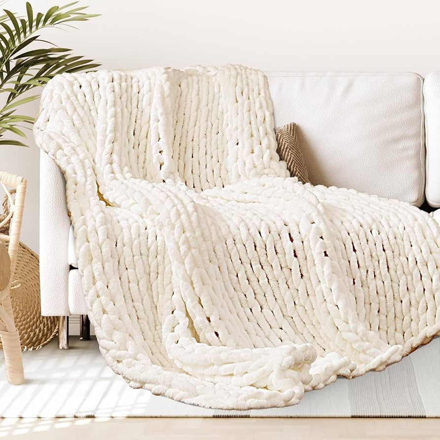 Touchat Chunky Knit Blanket Throw, 50"x60" White Crochet Chenille Throw Blanket, Handmade Cozy Cr... | Amazon (US)