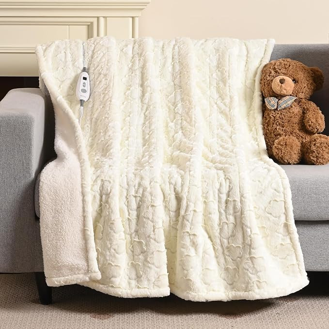 Bearhug Heated Throw Blanket, 50"×60" Electric Throw, White Flower Patterns Faux Fur & Warm Sher... | Amazon (US)