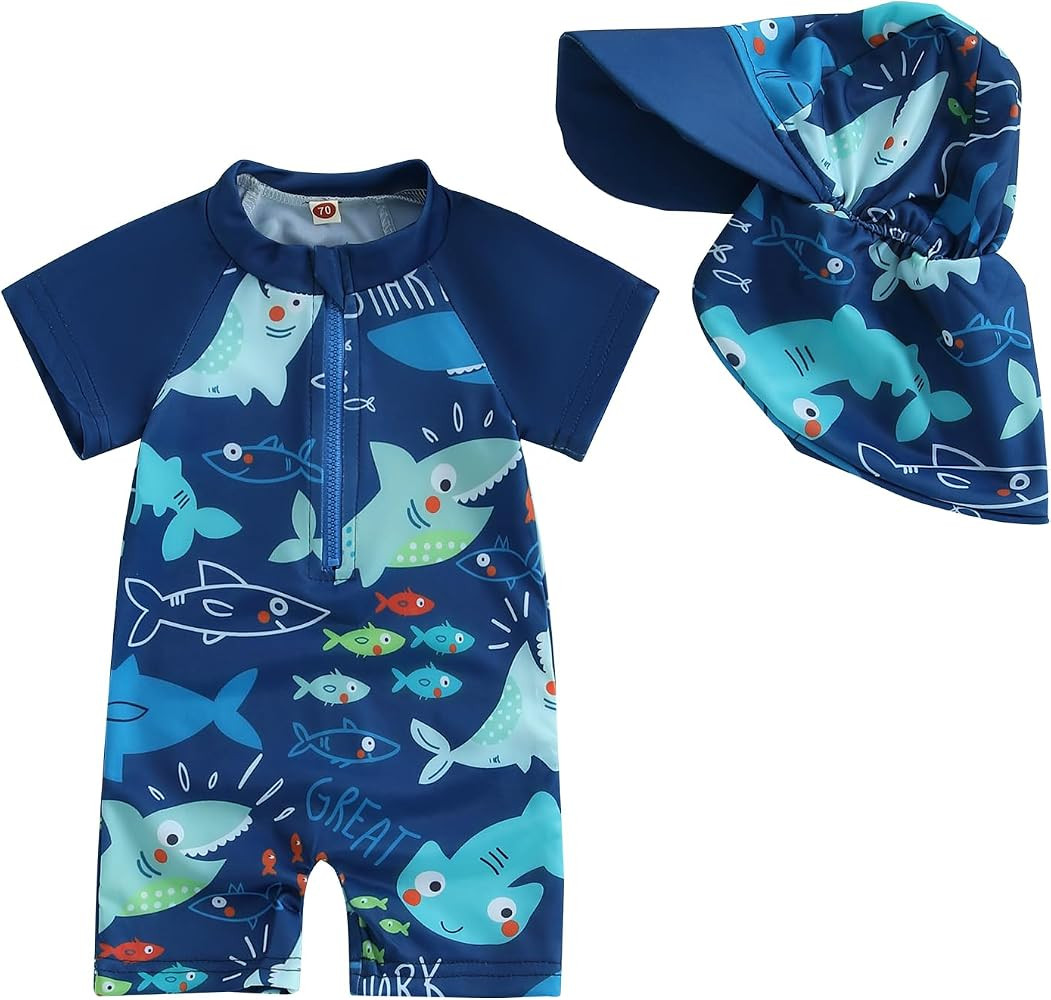Ayalinggo Toddler Boys Rash Guard Swimsuit Sea World Animal Print Zipper Short Sleeve Bathing Sui... | Amazon (US)