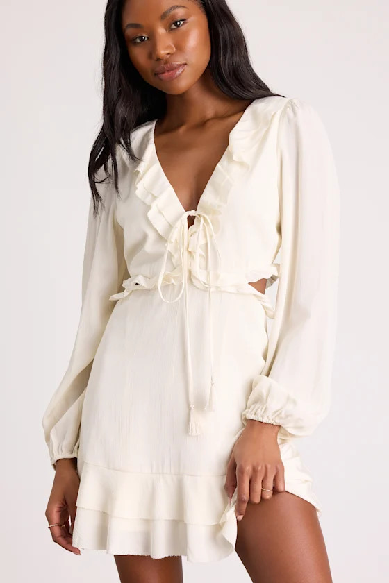 Castilla Ivory Ruffled Long Sleeve Mini Dress | Lulus