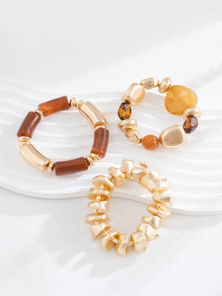 3pcs Vintage Multilayer Brown Acrylic Beaded Bracelet, Matte Surface Textured Gold Chip Bracelet,... | SHEIN