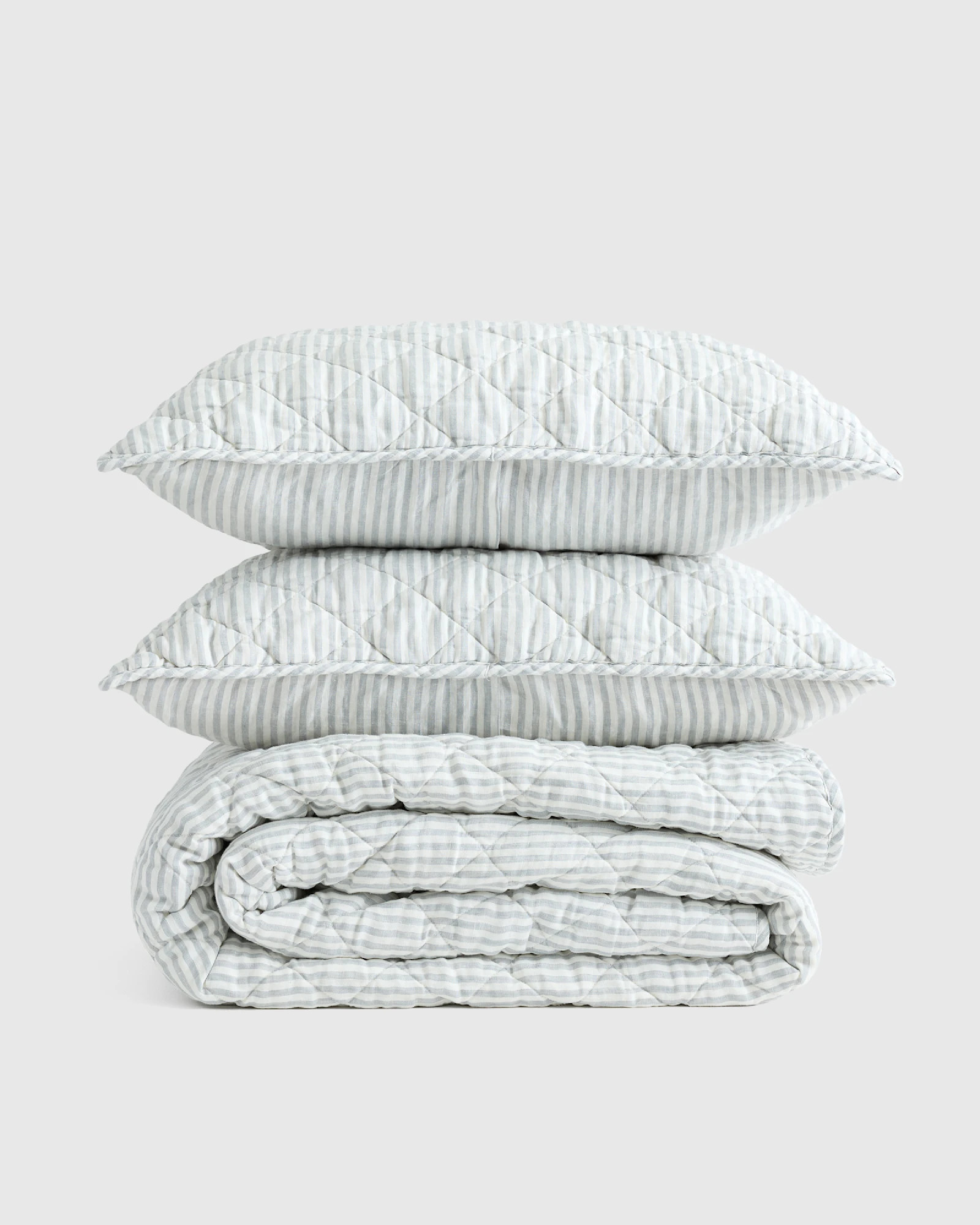European Linen Stripe Quilt Set  in Mist/white Stripe | Quince