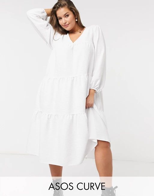 ASOS DESIGN Curve seersucker tiered midi smock dress in white | ASOS (Global)