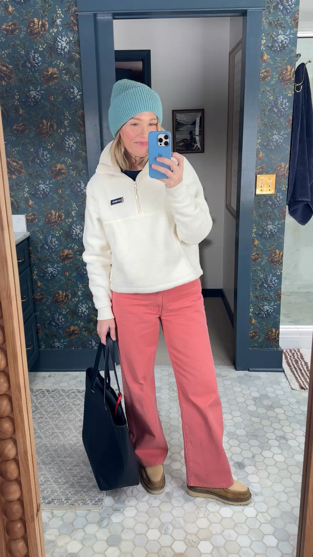 Clare V structured navy tote is now 40% off! Mother Dodge Ankle jean in canyon clay, a beautiful washed coral color, easy fit wearing my regular size but if in between go down, do wrinkle a bit during the day, i'm 5'3 ~ Freda Salvador boots so cute, cozy & comfortable! more colors, wearing my regular size ~ J.Crew fitted layering tee & more colors in my Rhoback fleece, wearing my regular size small in both. Hat is last season but linked newer options ~ everyday Bauble Bar easrring stack ~ Merit flush balm in LeBonBon on cheeks & lips with Tower28 gloss in coconut layered on top ~ eby underwear size up to medium ~ pepper bras are my favorite ~ xo, Claire 

#LTKmomlife #LTKOver40 #LTKSaleAlert