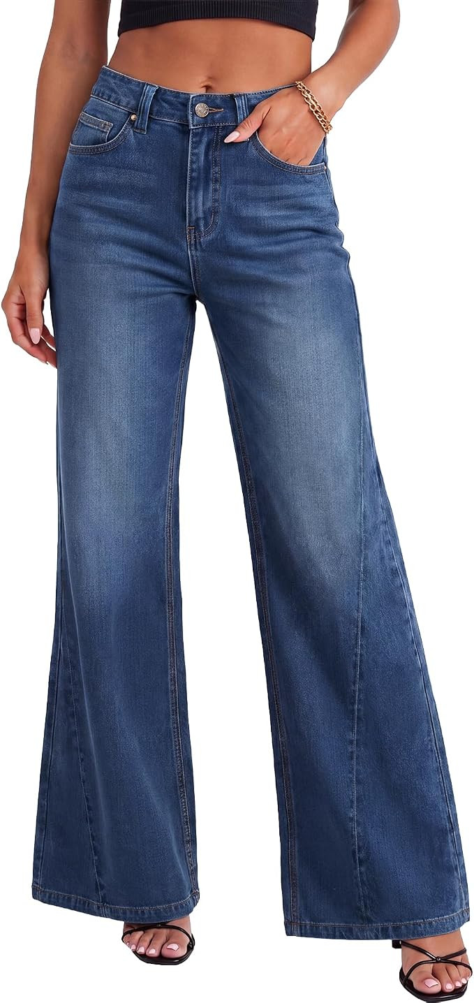 ZESICA Women's Casual Wide Leg High Waisted Baggy Jeans | Straight Mid Rise Flare Jeans, Stretchy... | Amazon (US)