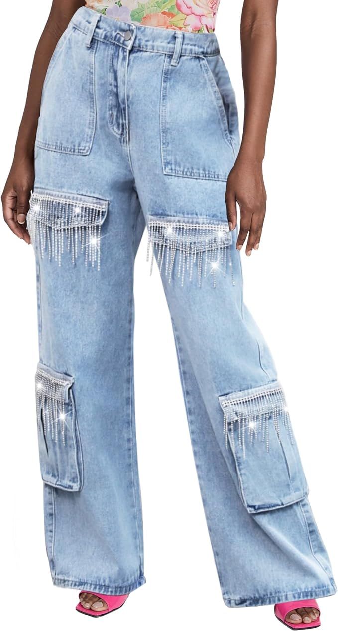 Women's Cargo Denim Jeans Sparkly Glitter Fringe Jeans Nashville Wide Leg Pants with Rhinestone T... | Amazon (US)