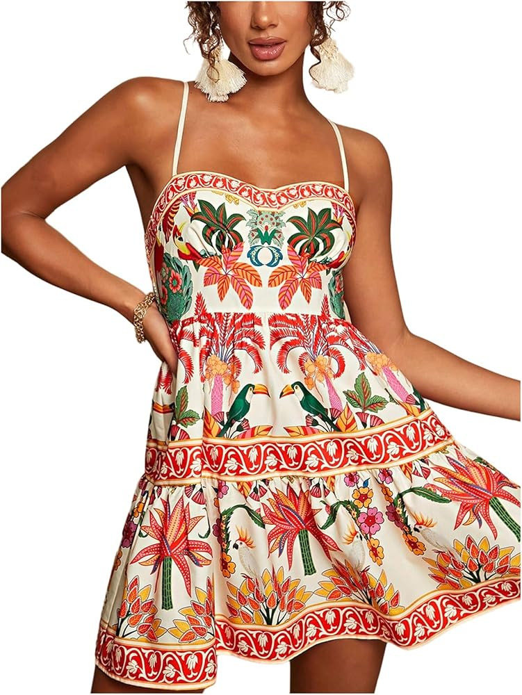 Floerns Women's Floral Boho Mini Dress Spaghetti Strap Vintage Tiered Ruffle Summer Beach Vacatio... | Amazon (US)