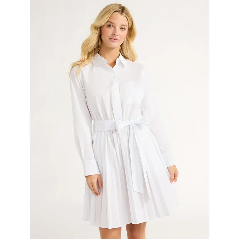 Free Assembly Women’s Pleated Mini Shirtdress with Long Sleeves, Size XS-XXL | Walmart (US)