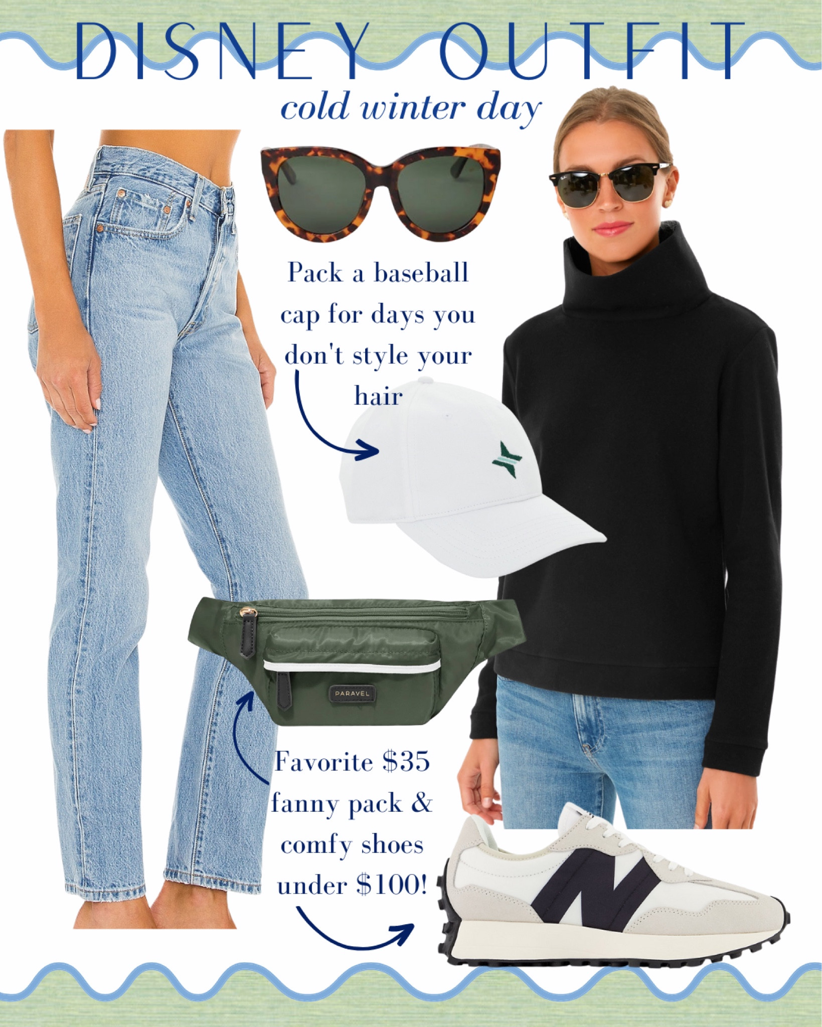 Love this casual, but stylish, outfit for a day at Disney World! Layer the black fleece turtleneck over a bodysuit and tie it around your waist when it gets hot. The high rise straight jeans are super flattering and the women’s white baseball cap hides dirty hair.

Women’s tortoise sunglasses, black and white new balance sneakers, women’s shoes, classic style, green Fanny pack, preppy style, Tuckernuck, Dudley Stephens, travel day, mom outfit #momstyle #disneyoutfit #classicstyle #preppystyle #casualootd 

#LTKshoecrush #LTKunder100 #LTKstyletip