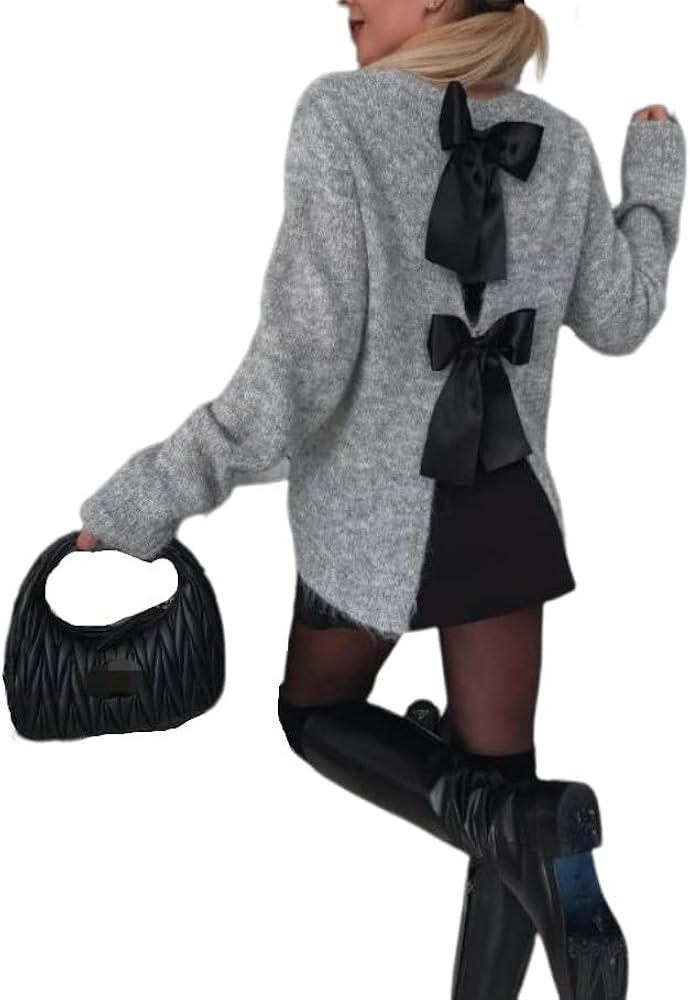 Chvity Women's Y2K Back Tie Knot Crew Neck Long Sleeve Knit Sweater Bow Open Back Pullover Trendy... | Amazon (US)