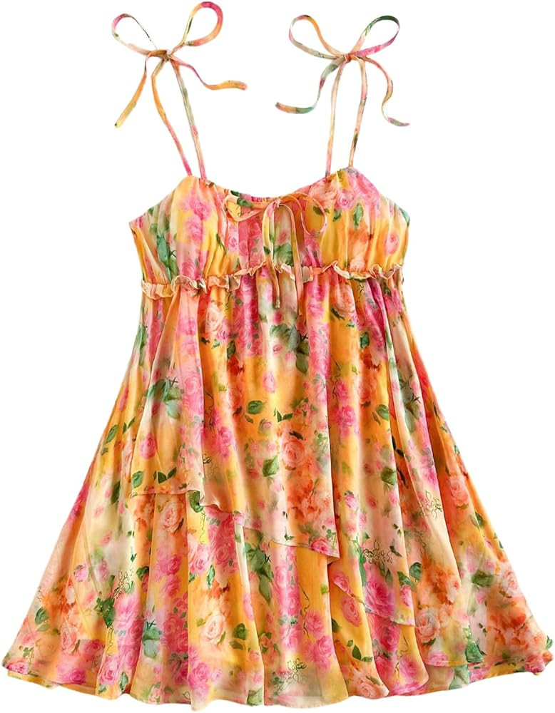 SOLY HUX Women's Boho Floral Print Mini Dress Tie Shoulder Spaghetti Strap Ruffle Hem Flowy Cami ... | Amazon (US)