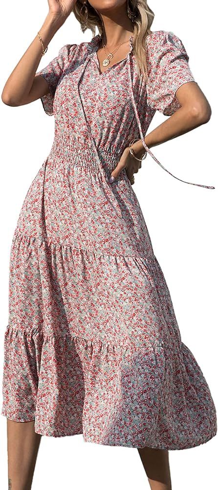 BTFBM Women Boho Floral Print Casual Dress Summer Sexy Tie V Neck Short Sleeve Vintage Elastic A-Lin | Amazon (US)