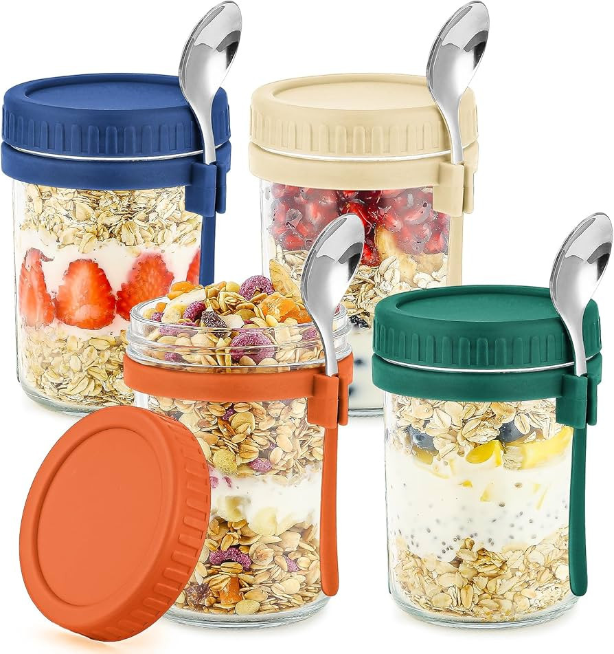 DRKIO 4 Pack Glass Overnight Oats Containers with Lids and Spoons 16 Oz Mason Jars for Overnight ... | Amazon (US)