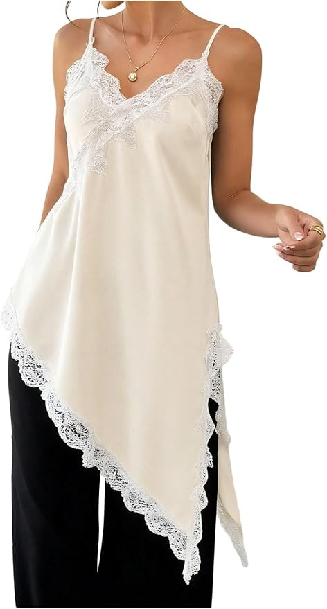 BEAUDRM Women's Y2k Satin Lace Trim Cami Tops Spaghetti Strap V Neck Asymmetrical Going Out Camis... | Amazon (US)