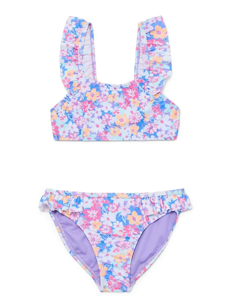 Wonder Nation Girls Ruffle Strap Bikini Top and Scoop Bottoms Swim Set with UPF 50, 2-Piece, Size... | Walmart (US)