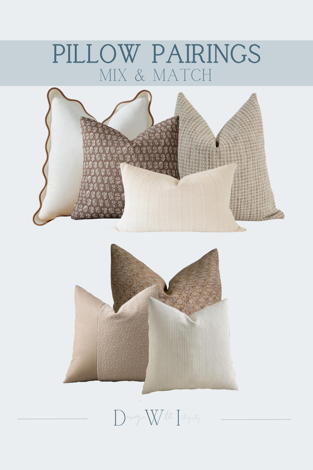 This mix and match pillow pairing is all about warm neutrals layered with texture and subtle pattern. Soft ivories and creamy beiges create a light balanced foundation while deeper brown tones add contrast and grounding. A combination of tailored solids and delicate prints brings depth without overwhelming the arrangement resulting in a look that feels refined cohesive and timeless.

Shop the curated pillow pairing to bring this thoughtfully layered neutral look into your space.


#PillowPairings #NeutralDecor #LayeredInteriors #InteriorStyling #TimelessDesign 

 #LTKSeasonal #LTKHome