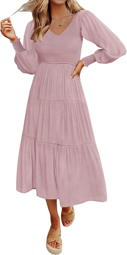 ZESICA Women's Casual Long Sleeve Crew Neck High Waist Smocked Flowy Tiered Midi Dress | Amazon (US)