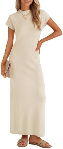 ZESICA Womens Summer Bodycon Maxi Dress 2026 Business Casual Short Sleeve Crewneck Knit Slit Spri... | Amazon (US)