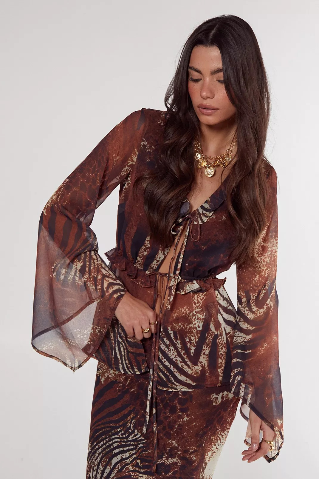 Mixed Animal Crinkle Chiffon Ruffle Tie Front Blouse | Nasty Gal US