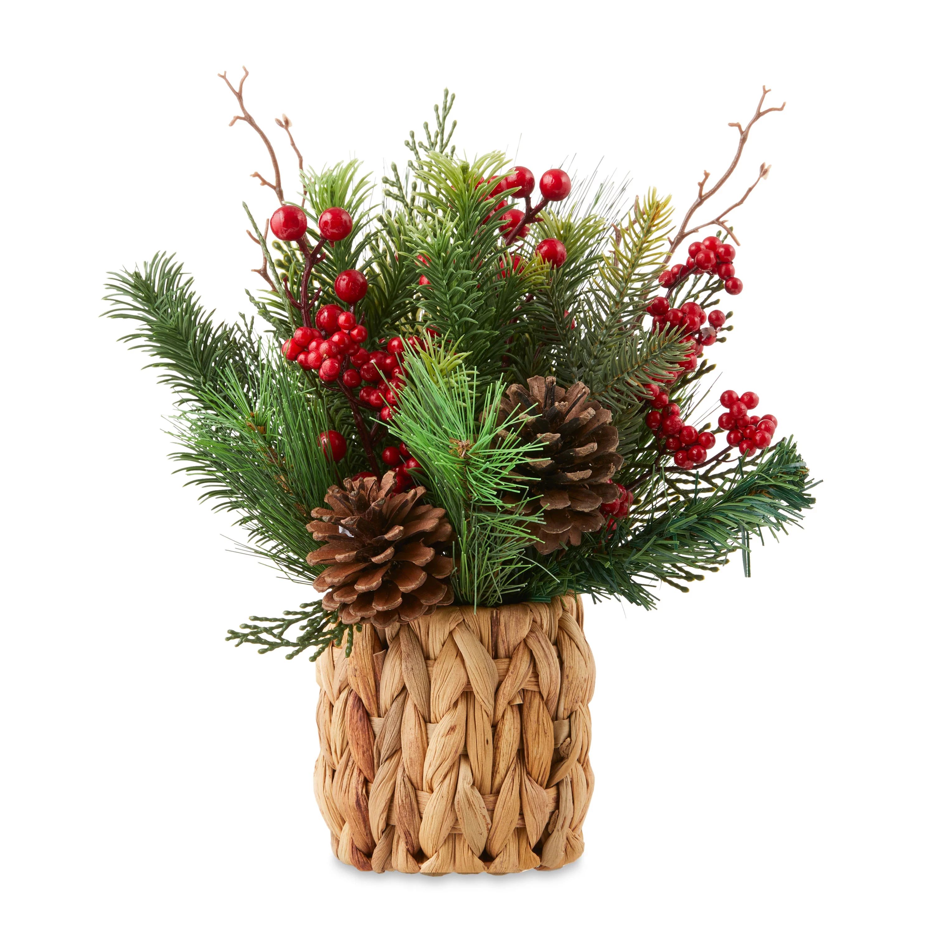 Holiday Time Red Berry Pinecone in Seagrass Basket Christmas Floral Pot, 12"H, 10.9 oz | Walmart (US)