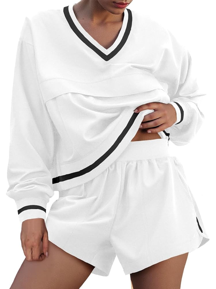 Fisoew Womens 2 Piece Outfits Long Sleeve V Neck Sweatshirt High Waist Running Shorts Sets Loose ... | Amazon (US)