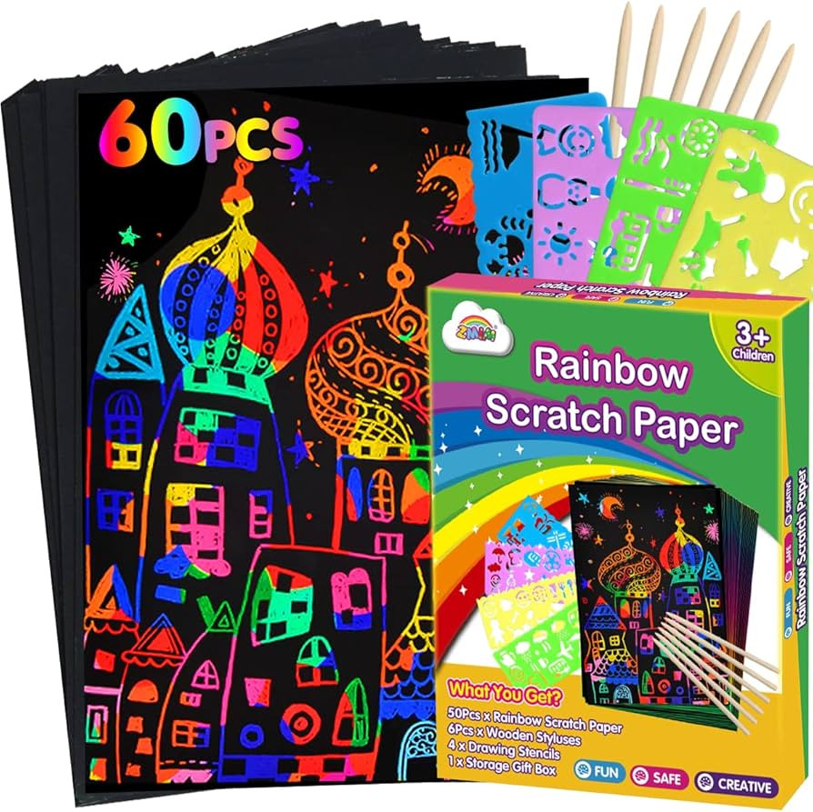 ZMLM Scratch Paper Art Set: 60Pcs Magic Drawing Art Craft Kid Black Scratch Off Paper Supply Kit ... | Amazon (US)