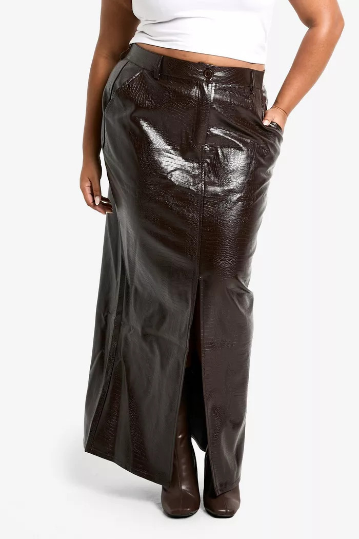 Plus Croc Pu Split Front Maxi Skirt | boohoo (US & Canada)