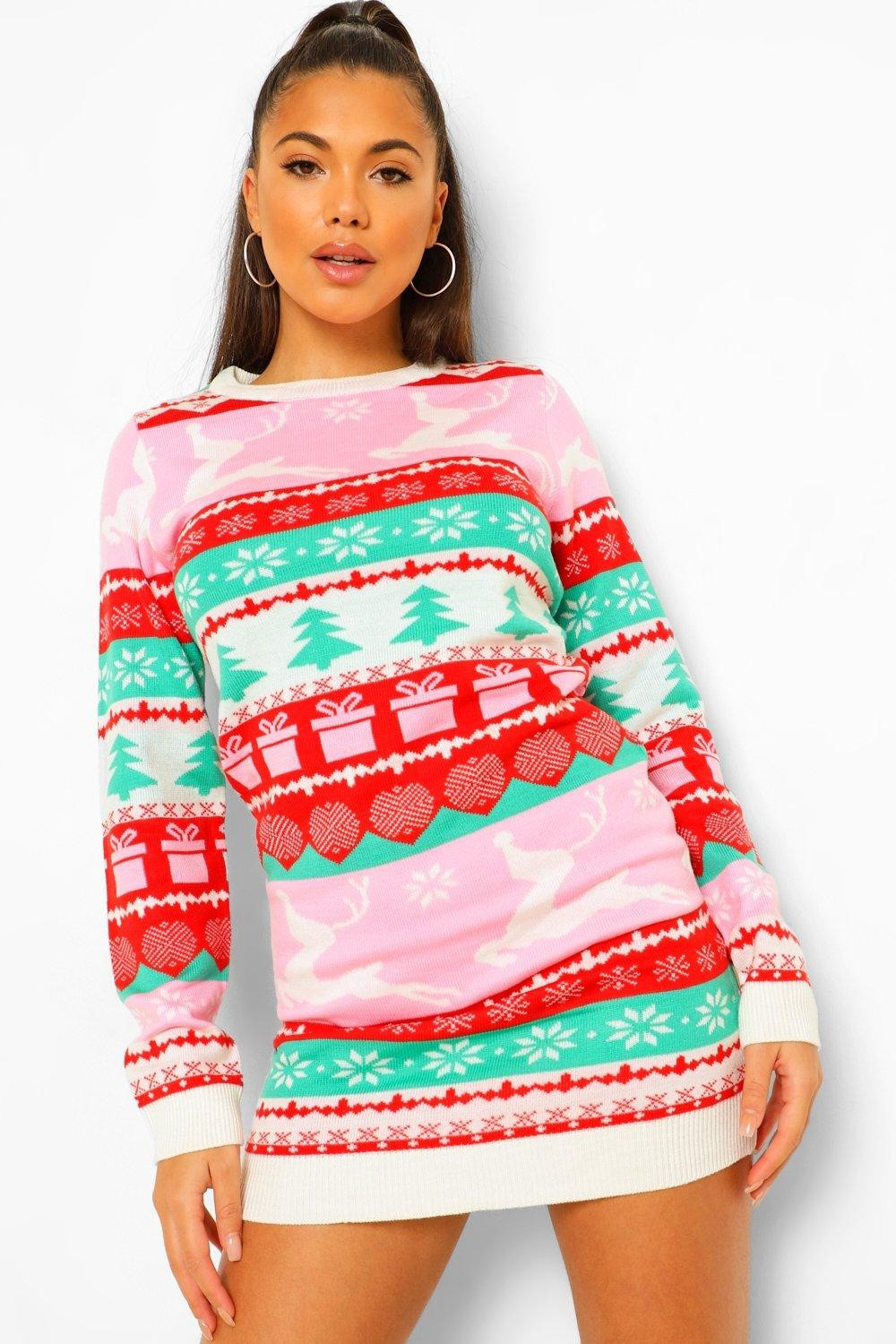 Womens Fairisle Christmas Sweater Dress - Pink - L | Boohoo.com (US & CA)