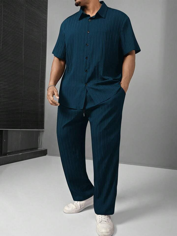 Manfinity Homme Men's Plus Size Solid Color Short Sleeve Shirt And Pants Set | SHEIN