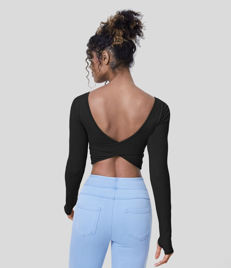Women’s U Neck Backless Crossover Thumb Hole Cropped Yoga Sports Top - Halara | HALARA