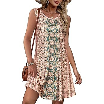 Summer Dresses for Women Beach Boho Sleeveless Vintage Floral Flowy Pocket Tshirt Tank Sundresses | Amazon (US)