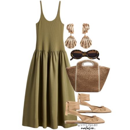 Khaki maxi dress with flared hem, lace up ballet flats, straw tote bag, seashell earrings & sunglasses.
Summer dress, green dress, holiday outfit, casual chic.

#LTKstyletip #LTKeurope #LTKsummer