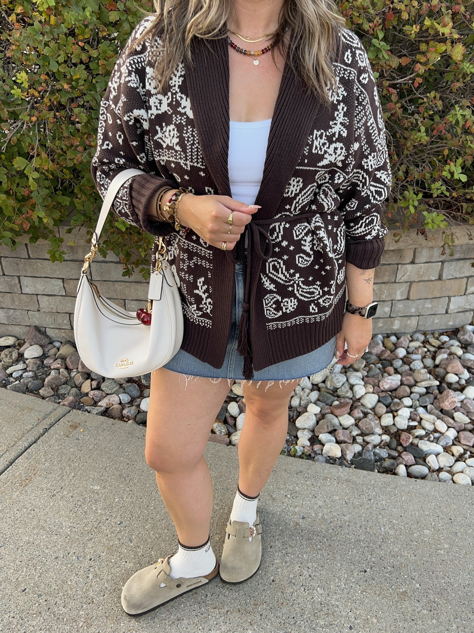 Fall outfit from Abercrombie! Wearing L in the bandana print cardigan (not itchy at all!). Wearing M in the bra free tank top. I bought this denim skirt last year in a size 32, would do a 31 if I was purchasing now. I wear a 30 in A&F 90s relaxed jeans for reference! I’m a 9.5-10 shoe and wear a 40 in the Birkenstock clogs

#LTKfall #LTKmidsize #LTKstyletip