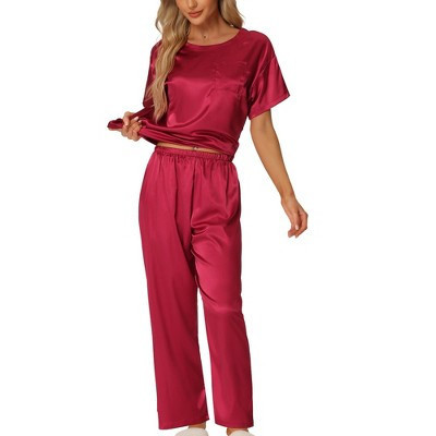 cheibear Women's Satin Summer Short Sleeves Sleepshirt with Pants Lounge Pajamas Sets Red Small | Target